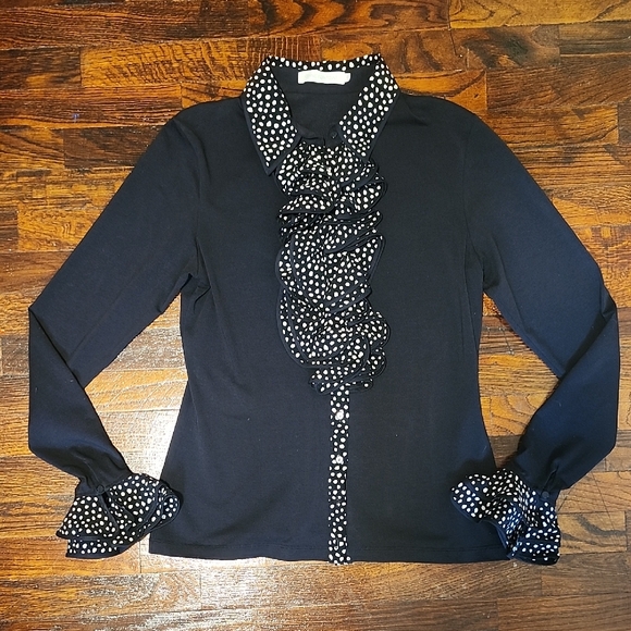 Anne Fontaine Black Emira Button Down Blouse Double Ruffle Front with Polka Dots